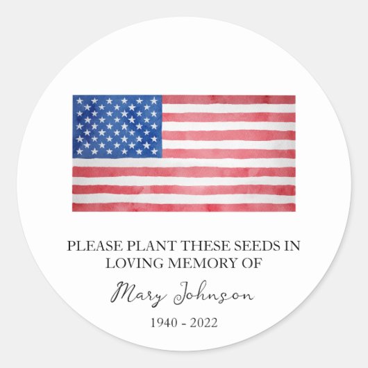 Verenigde Staten Flag Memorial Funeral Seed Packet Ronde Sticker (Voorkant)