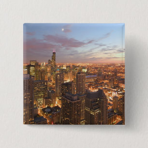 Verenigde Staten, Illinois, Chicago: Avond Uitzich Vierkante Button 5,1 Cm