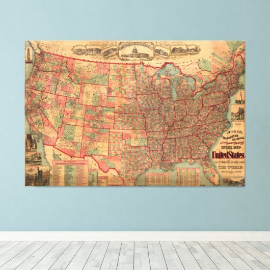Verenigde Staten-kaart (1883) Canvas Afdruk (Insitu (Houten vloer))