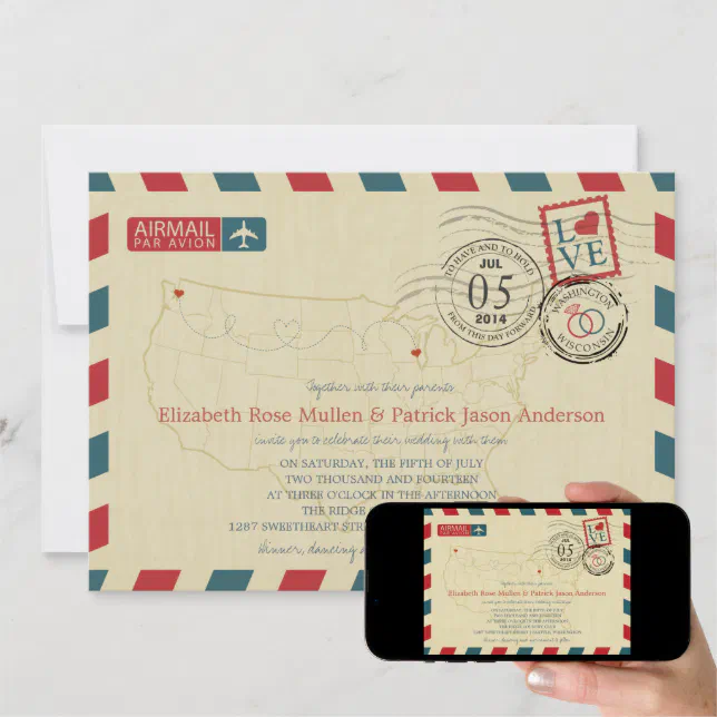 Verenigde Staten Map Airmail Wedding Invitation Kaart Zazzle.nl