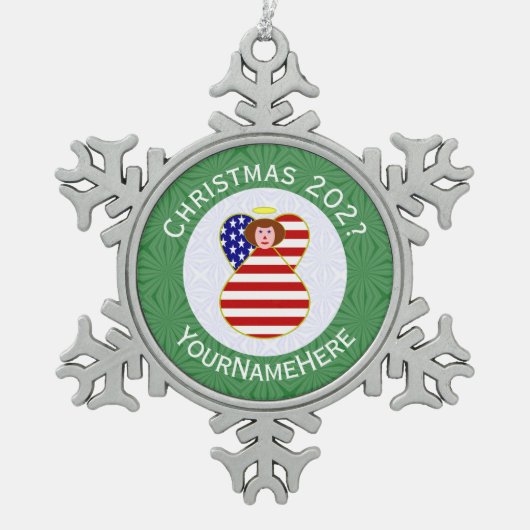 Verenigde Staten Roodharige Engel Kerstvlag Gepers Tin Sneeuwvlok Ornament (Voorkant)