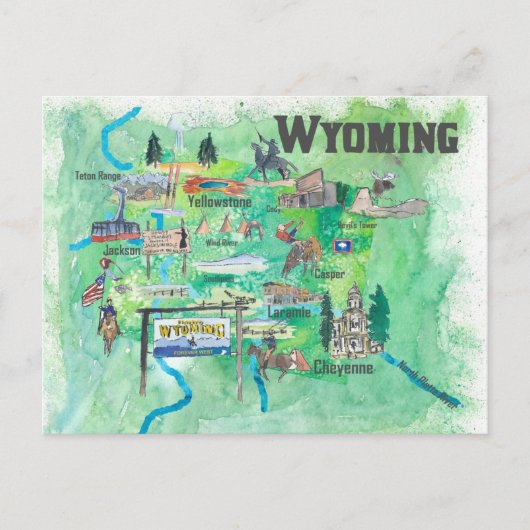 Verenigde Staten Wyoming Illustrated Travel Map Briefkaart (Voorkant)