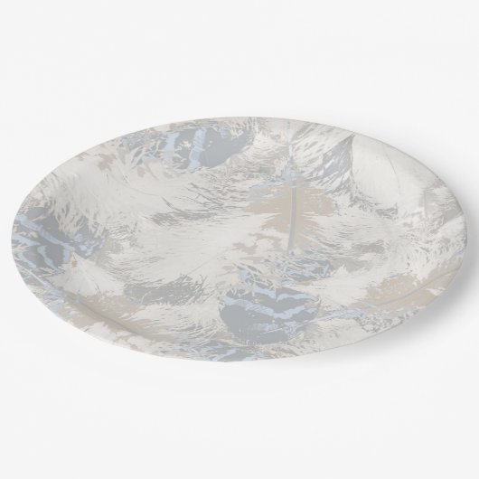 Verenveren, grijs, beige en blauw, vogel, licht, papieren bordje (Gekanteld)