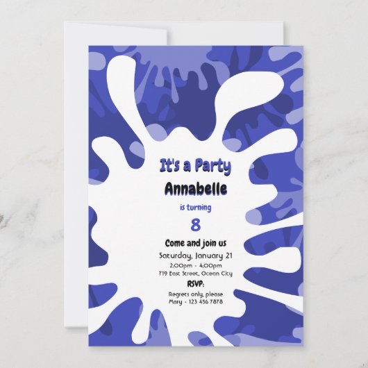 Verf druppels Het is een feestje Blauwe Kunst Verj Kaart (Voorkant)