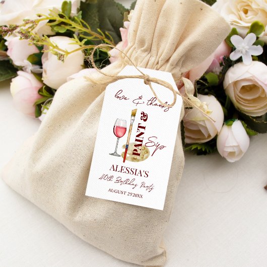 Verf en nip wijn en kunst thema party gunsten cadeaulabel