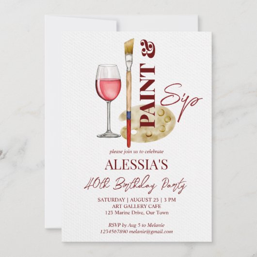 Verf en nip wijn en kunst thema party sjabloon kaart (Voorkant)
