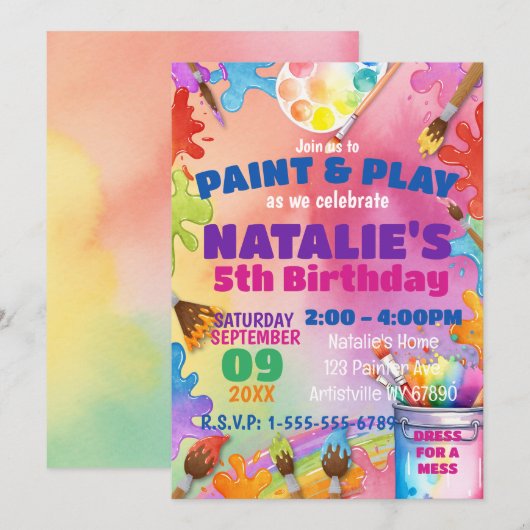 Verf en speel Kinder Kunst Feest Verjaardagsuitnod Kaart (Voorkant / Achterkant)
