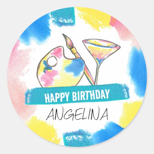 Verf- en zgn. 'Birthday Painting & Wine Party' Ronde Sticker (Voorkant)