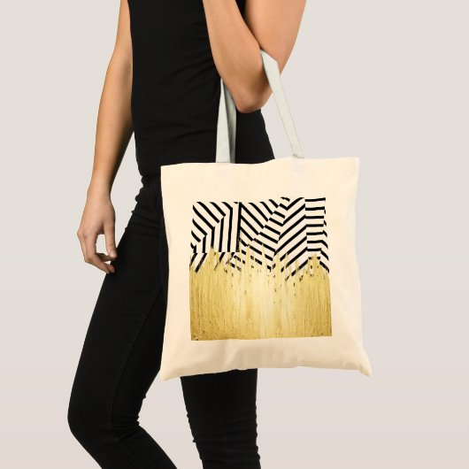 Verf lijnen in Faux Gold op zwarte & witte streep Tote Bag (Voorkant (product))
