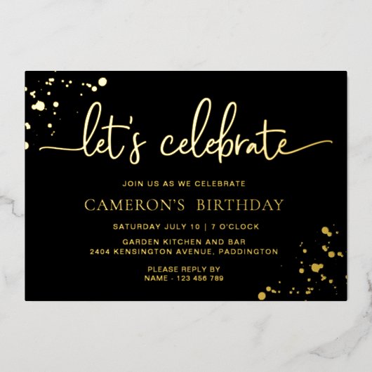 Verf met zwarte goudkleur Let's Celebrate Verjaard Folie Uitnodiging (Voorkant)