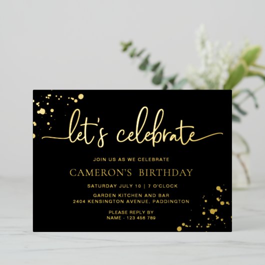 Verf met zwarte goudkleur Let's Celebrate Verjaard Folie Uitnodiging (Staand Voorkant)