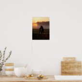 Verf paard staat in de mist op zonsopgang poster (Keuken)