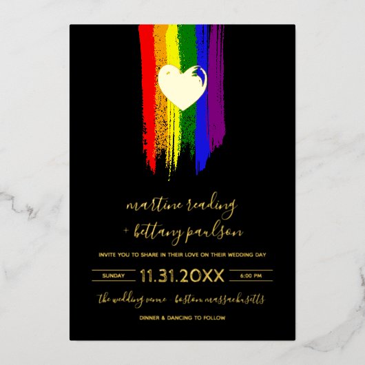 Verf Slagen Pride Flag & Gold Heart Wedding Folie Uitnodiging (Voorkant)