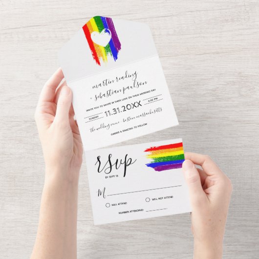 Verf Slagen Pride Flag White Heart Wedding All In One Uitnodiging (Afscheurbaar)
