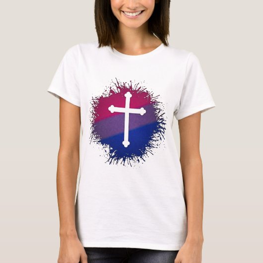 Verf Splatter Bisexual Pride Christelijke kruis T-shirt (Voorkant)
