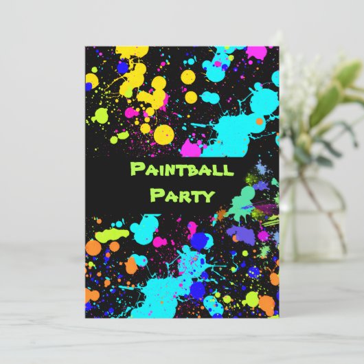 Verf Splatter, Faux Neon, Uitnodiging verfbal (Staand voorkant)
