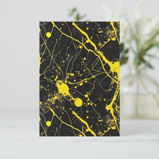 Verf splatter - geel op zwart bedankkaart (Staand voorkant)