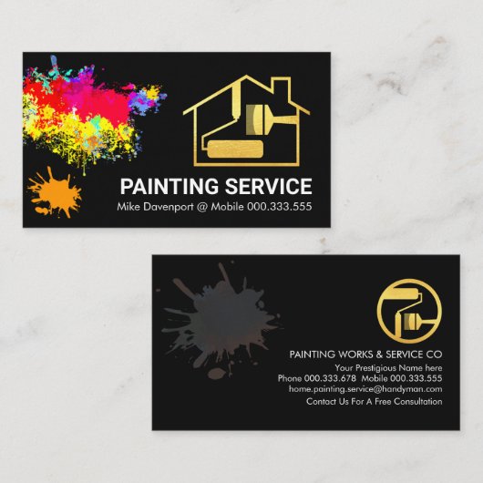 Verf Splatter Goud Huis Borstel Schilder Visitekaartje (Voorkant / Achterkant)