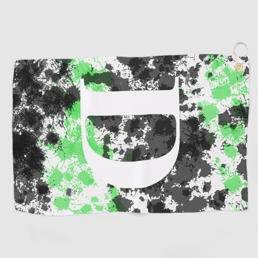 Verf Splatter Groen Zwart Monogrammed Golf Handdoe Golfhanddoek (Horizontaal)