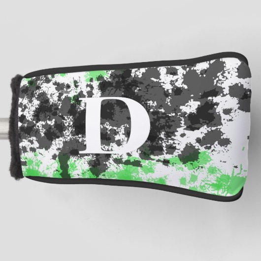Verf Splatter Groen Zwart Wit Monogram Golfheadcover (Voorkant)