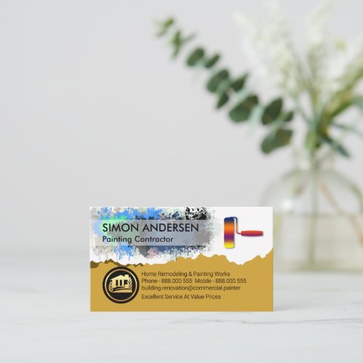 Verf Splatter Kleurrijke Rolborstel Visitekaartje (Staand voorkant)