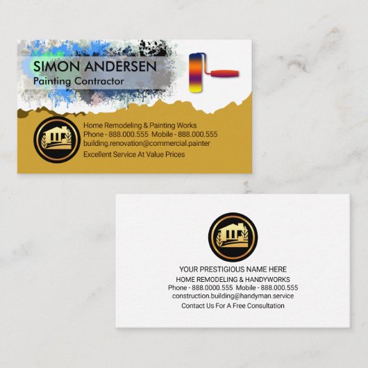 Verf Splatter Kleurrijke Rolborstel Visitekaartje (Voorkant / Achterkant)