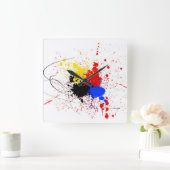 Verf Splatter Kunstzwart Blauw Rood Geel Vierkante Klok (Huis)