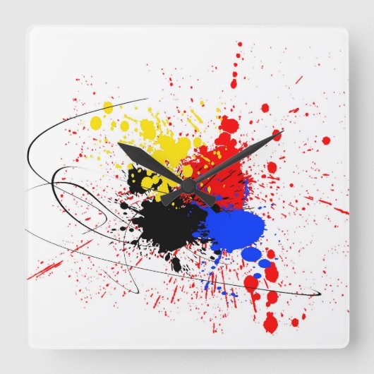 Verf Splatter Kunstzwart Blauw Rood Geel Vierkante Klok (Voorkant)