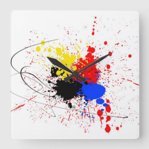 Verf Splatter Kunstzwart Blauw Rood Geel Vierkante Klok