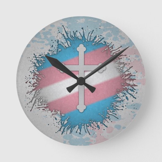 Verf Splatter Transgender Pride Christelijke kruis Ronde Klok (Voorkant)