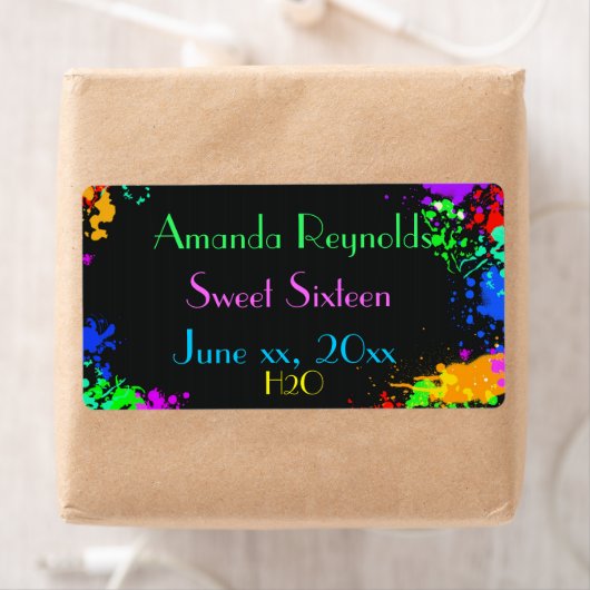 Verf Splatter, Zoet Zestien, Aangepaste Waterfles Etiket (Insitu)