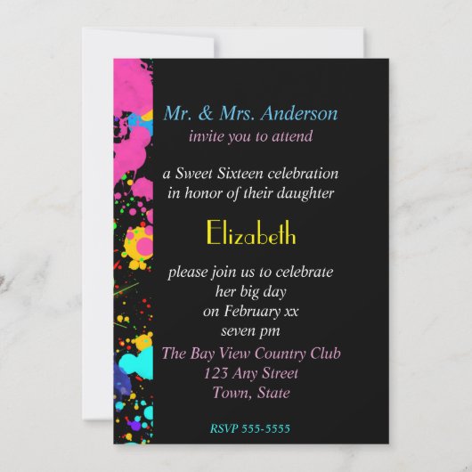 Verf Splatter, zoete zestien, Aangepaste uitnodigi Kaart (Achterkant)