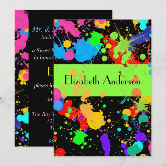 Verf Splatter, zoete zestien, Aangepaste uitnodigi Kaart (Voorkant / Achterkant)