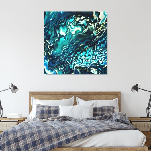 Verf stromende golven Aqua Black, Emerald Canvas Afdruk (Insitu (Slaapkamer))