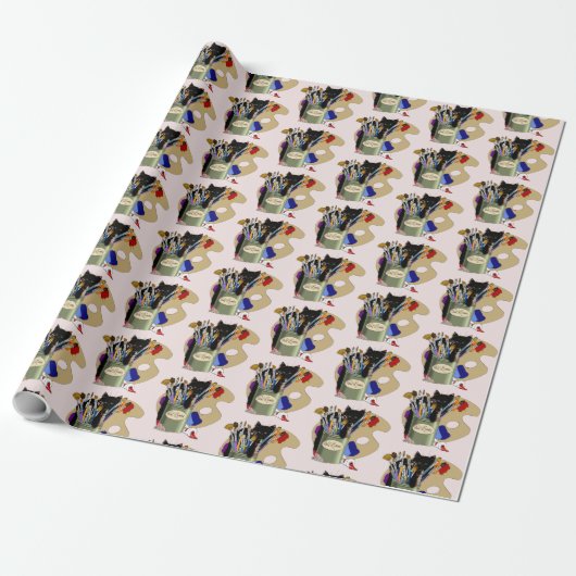 verfborstels pallet zwart kitten artiest cadeaupapier (Uitgerold)