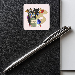 verfborstels pallet zwart kitten artiest vierkante sticker