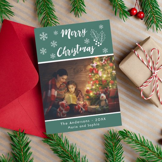 Verfijn kerstfotokaart, groen en wit schrift feestdagenkaart