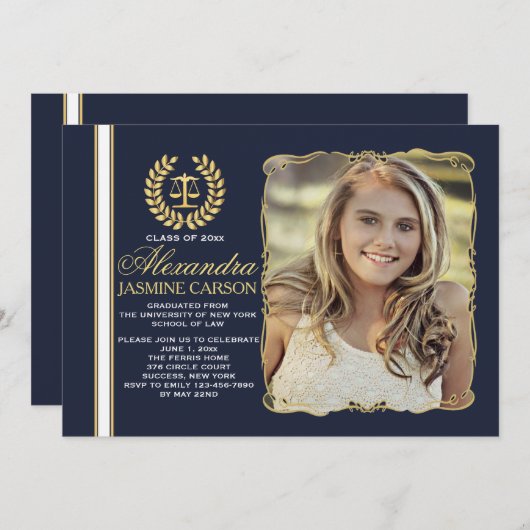 Verfijnd Afstuderen (Navy) Photo Afstuderen nodigt Kaart (Voorkant / Achterkant)