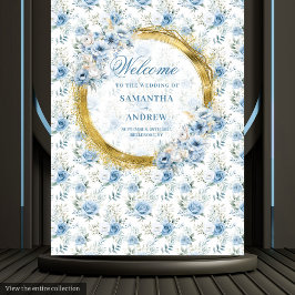 Verfijnd Aquarel Stofblauw Gouden Trouwfeest Wandkleed