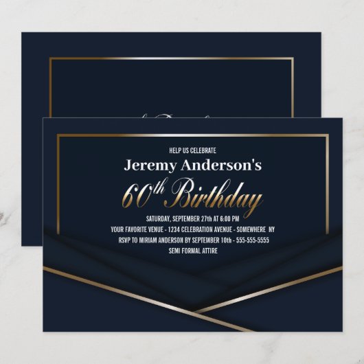 Verfijnd Blauw Goud 60e Verjaardagsfeestje Kaart (Voorkant / Achterkant)