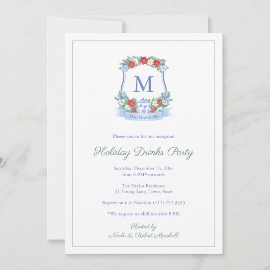 Verfijnd Blauw Rood Kerstmis Crest Kerstfeest Kaart (Voorkant)