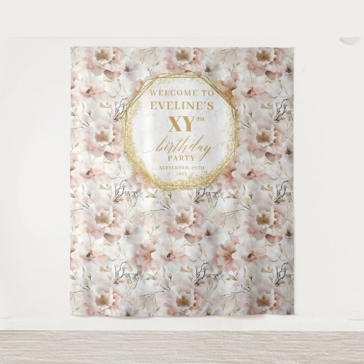 Verfijnd Blozend Bloemen Verjaardags Fotohokje Wandkleed (Voorkant)