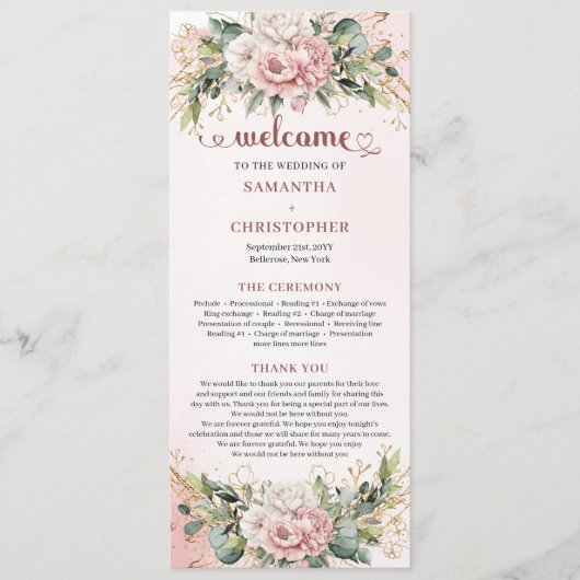 Verfijnd Blush Roze Bloemstuk Bruiloftsprogramma Programmakaart (Voorkant)