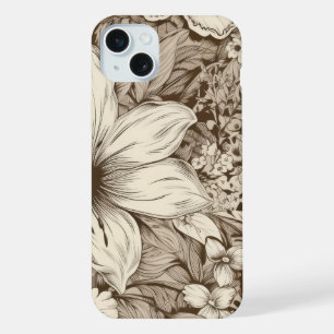 Verfijnd botanisch motief in zachte sepia tinten iPhone 15 plus case