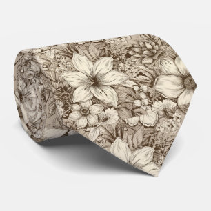 Verfijnd botanisch motief in zachte sepia tinten stropdas