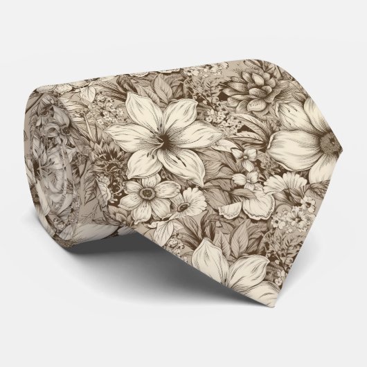 Verfijnd botanisch motief in zachte sepia tinten stropdas (Opgerold)