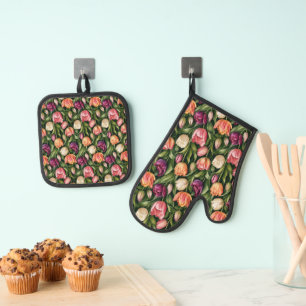 Verfijnd botanisch tulpenillustratie ovenwant & pannenlap set