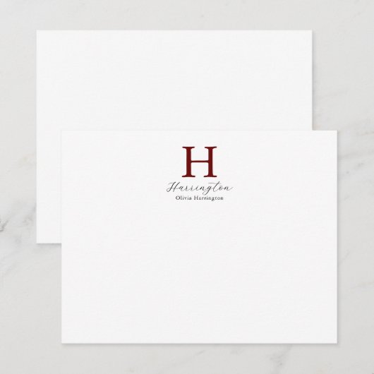 Verfijnd Elegant Bourgondisch rood monogram Notitiekaartje (Voorkant / Achterkant)