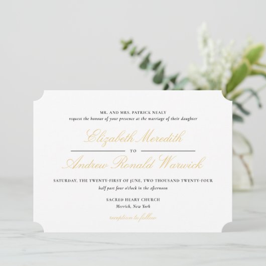 Verfijnd Goud Kant Script Bruiloft Uitnodiging (Staand voorkant)