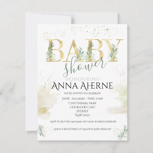 Verfijnd goud met groen baby shower inv kaart (Voorkant)